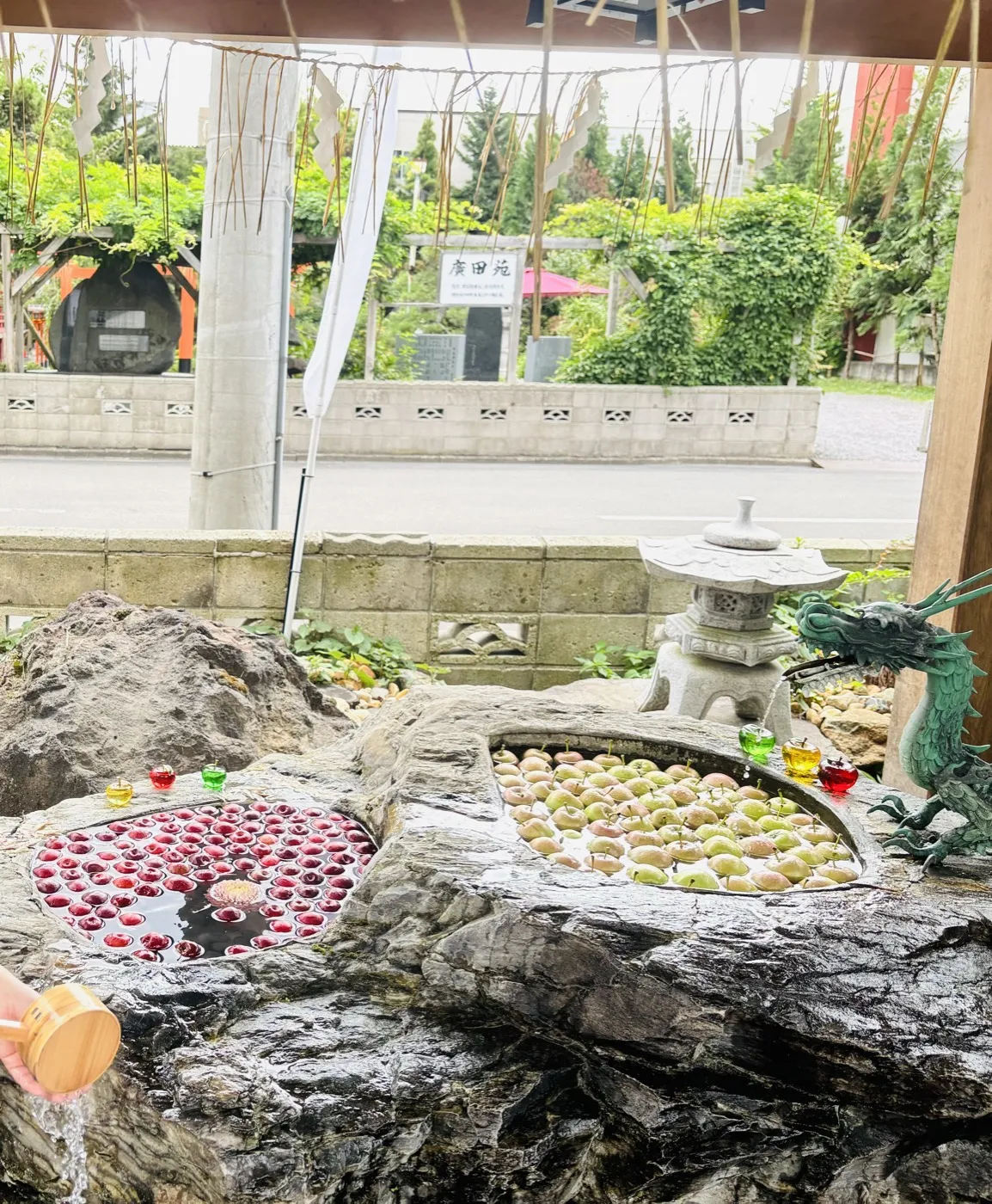 廣田神社のりんごを浮かべた花手水と竜の吐水口