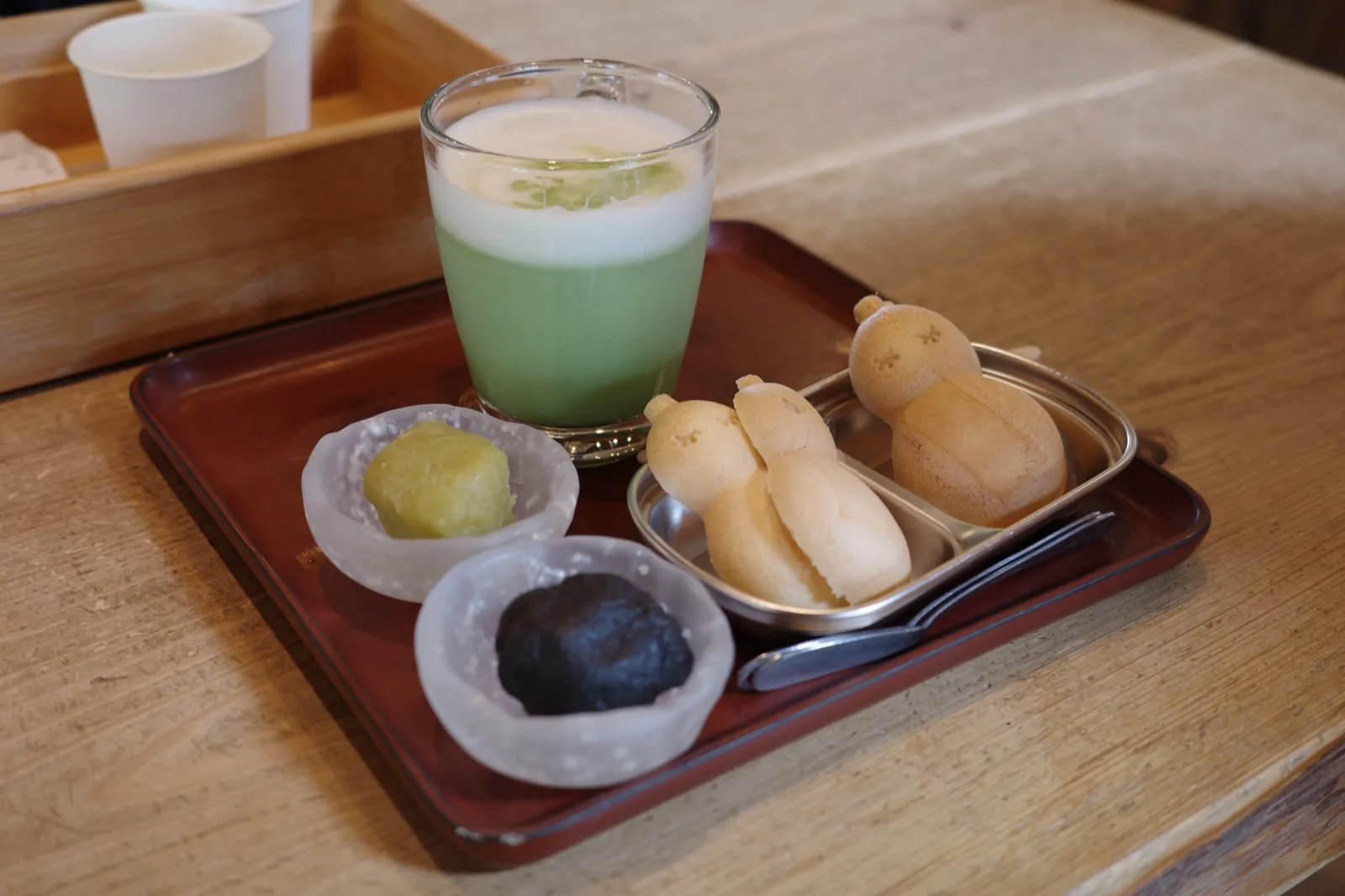 NARAYA CAFEのひょうたん最中「ならやん」と餡、抹茶ラテのセット